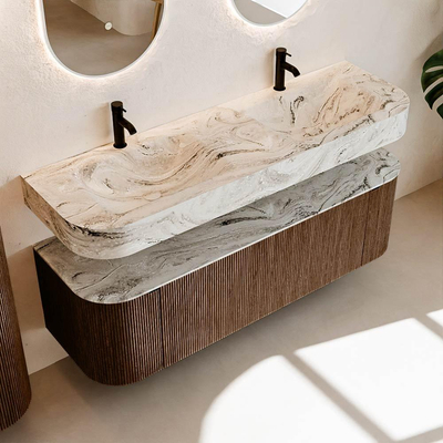 MONDIAZ THOR-DLUX Meuble de salle de bains 150cm arrondi gauche + droite couleur Walnut avec 1 tiroir et 2 portes. Vasque suspendue CLOUD Double 2 trous de robinet couleur Glace.