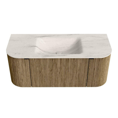 MONDIAZ KURVE-DLUX Meuble de salle de bains 110cm arrondi gauche + droite couleur Dusk avec 1 tiroir et 2 portes. Lavabo CLOUD au milieu 1 trou de robinet Meli.
