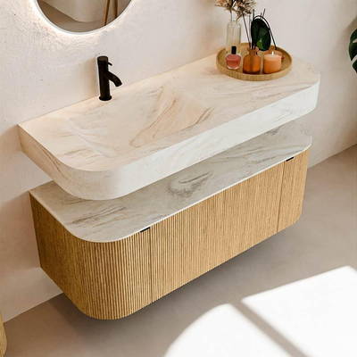 MONDIAZ THOR-DLUX 120cm badmeubel ronding links + rechts kleur Oak met 1 lade en 2 deuren. Vrijhangende wastafel CLOUD Links 1 kraangat kleur Ostra.