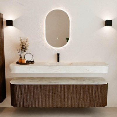 MONDIAZ THOR-DLUX 170cm badmeubel ronding links + rechts kleur Walnut met 1 lade en 2 deuren. Vrijhangende wastafel CLOUD Midden 1 kraangat kleur Ostra.