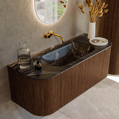 MONDIAZ KURVE-DLUX 120cm badmeubel met module 25 Len R kleur Walnut met 1 lade en 2 deuren. Wastafel BIG SMALL midden zonder kraangat kleur Lava.