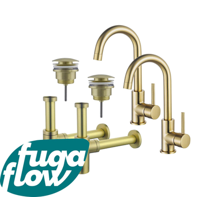 FugaFlow Eccelente Sobrado Badkamer Wastafelkraanset - voor dubbele wastafel - hoge wastafelkraan - draaibare uitloop - klikwaste plug - design sifon - PVD Geborsteld Messing