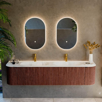 Mondiaz KURVE-DLUX Badkamermeubelset - 190x46x40cm - 2 lade - 2 deuren - wastafel solid surface - dubbel - 2 kraangaten - Ruby