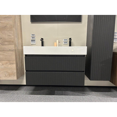 Proline porselein Loft wastafel met 2 kraangaten en onderkast symmetrisch gefreesd 100x46x65cm Charcoal oak Glans wit SHOWROOMMODEL