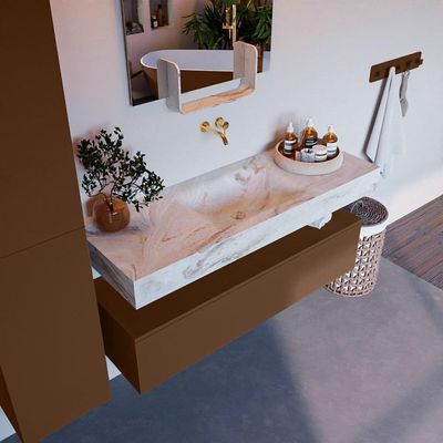 Mondiaz ALAN-DLUX Ensemble de meuble - 130cm - meuble Rust mat - 1 tiroir - Lavabo Cloud Frappe suspendu - vasque Centre - 0 trous de robinet