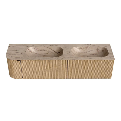 MONDIAZ KURVE-DLUX 175cm badmeubel ronding Links kleur Oak met 2 lades en 1 deur. Wastafel STOR SMALL Dubbel / Rechts zonder kraangat Arena.