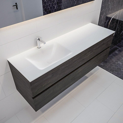 Mondiaz VICA Ensemble de meuble de salle de bain - 150cm - meuble sous-vasque marron foncé - 2 tiroirs - lavabo cloud gauche - 1 trou de robinet version XL 60cm de haut