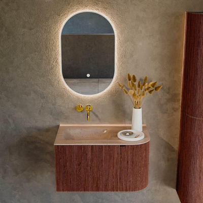 MONDIAZ KURVE-DLUX Meuble de salle de bains 75cm arrondi à droite couleur Ruby avec 1 tiroir et 1 porte. Lavabo GRUNNE à gauche sans trou de robinet Saba.