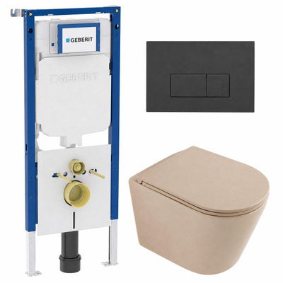 QeramiQ Dely Toiletset - 36.3x51.7cm - Geberit UP720 inbouwreservoir - rimless - diepspoel - zitting - softclose - bedieningsplaat mat antraciet - rechthoekige knoppen - mat beige