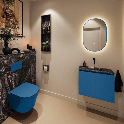 MONDIAZ TURE-DLUX Meuble toilette - 60cm - Jeans - EDEN - vasque Lava - position centrale - sans trou de robinet