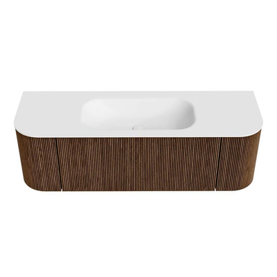 MONDIAZ KURVE 140cm Meuble salle de bain avec module 25 G et D - couleur Walnut - 1 tiroir - 2 portes - vasque BIG SMALL centre - sans trous de robinet - Talc