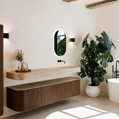 MONDIAZ THOR-DLUX Meuble de salle de bains - 190cm - arrondi gauche + droite - couleur Walnut - 2 tiroirs et 2 portes - Vasque suspendue CLOUD Droite sans trou de robinet - couleur Arena