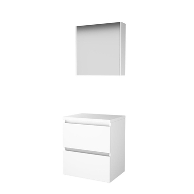 Basic-Line Comfort 46 ensemble de meubles de salle de bain 60x46cm sans poignée 2 tiroirs plan vasque miroir armoire mdf laqué blanc glacier