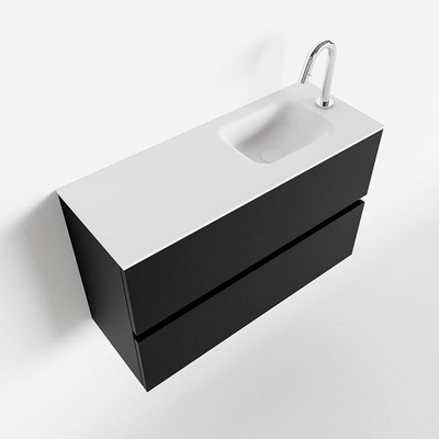 MONDIAZ ADA Meuble de toilette - 80x30x50cm - 1 trou de robinet - 2 tiroirs - urban mat - lavabo à droite - Solid surface - Blanc