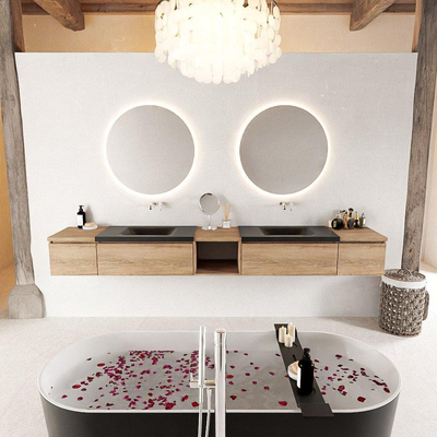 MONDIAZ BUKLA 280cm ensemble de meuble avec module ouvert 40 au milieu couleur Chêne Blanchi avec 4 tiroirs. Lavabo CLOUD double 0 trous de robinet couleur Urbaine.