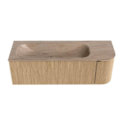 MONDIAZ KURVE-DLUX 135cm badmeubel ronding Rechts kleur Oak met 1 lade en 1 deur. Wastafel BIG MEDIUM Links zonder kraangat Saba.