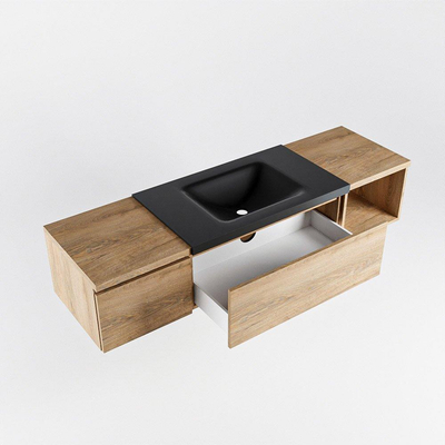 MONDIAZ BUKLA 160cm ensemble de meuble avec module ouvert 40 à droite couleur Chêne blanchi avec 2 tiroirs. Lavabo CLOUD centre 1 trou de robinet couleur Urbaine.