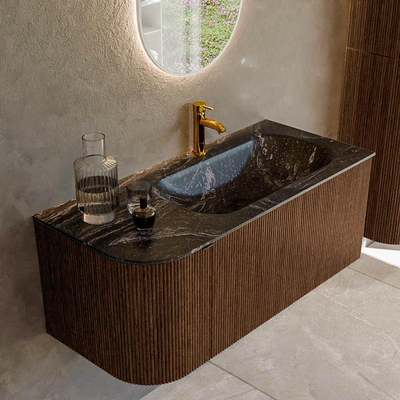 MONDIAZ KURVE-DLUX 105cm badmeubel met module 25 L kleur Walnut met 1 lade en 1 deur. Wastafel BIG SMALL rechts 1 kraangat kleur Lava.