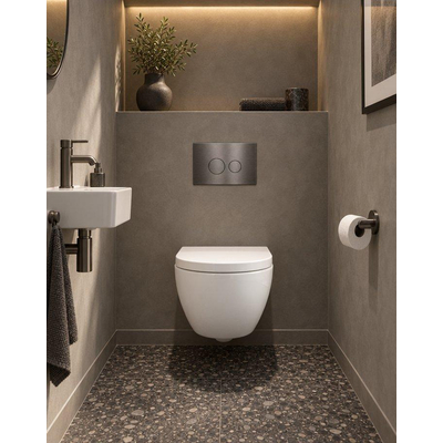 QeramiQ Dely Swirl Compact Ensemble WC - réservoir encastré QeramiQ flush - abattant 25 mm - plaque de commande métallique gunmetal - boutons ronds - blanc brillant