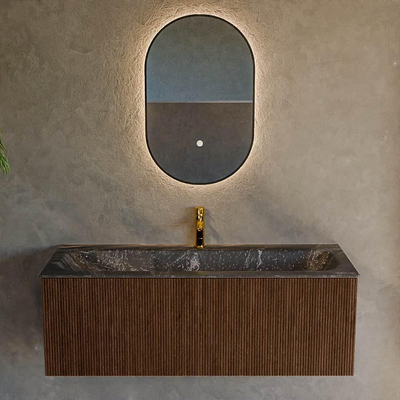 MONDIAZ KURVE-DLUX 120cm badmeubel kleur Walnut met 1 lade. Wastafel BIG LARGE midden 1 kraangat kleur Lava.