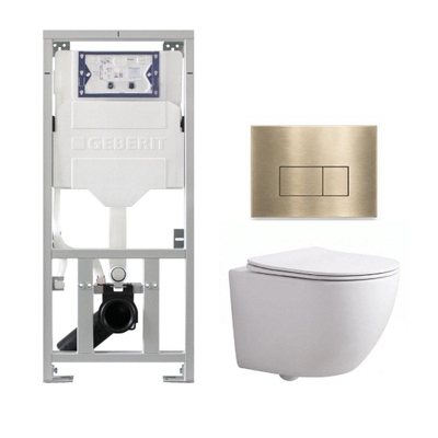 Pack WC QeramiQ Dely Swirl Compact - réservoir encastrable Geberit UP320 - avec bâti-support Burda - abattant slim - plaque de commande en plastique laiton brossé (or) - boutons rectangulaires - blanc brillant