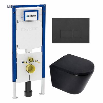 QeramiQ Dely Toiletset - 36.3x51.7cm - diepspoel - rimless - Geberit UP720 inbouwreservoir - softclose toilet zitting - 35mm - bedieningsplaat antraciet mat - rechthoekige knoppen - mat zwart
