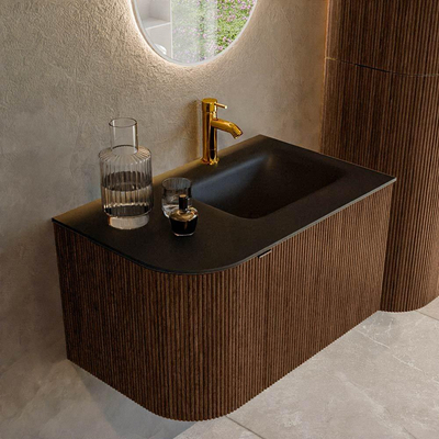 MONDIAZ KURVE 75cm badmeubel met module 25 L kleur Walnut met 1 lade en 1 deur. Wastafel GRUNNE rechts 1 kraangat Urban.