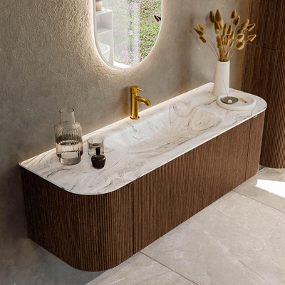 MONDIAZ KURVE-DLUX meuble de salle de bains 140 cm avec module 25 Len R couleur Walnut avec 1 tiroir et 2 portes. Lavabo BIG SMALL central 1 trou de robinet couleur Glace.