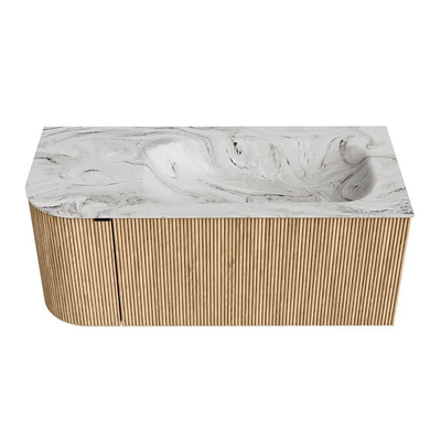 MONDIAZ KURVE-DLUX Meuble de salle de bains 105 cm avec module 25 L couleur Oak avec 1 tiroir et 1 porte. Plan-vasque BIG SMALL à droite sans trou de robinet couleur Glace.