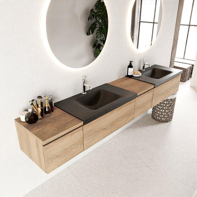 Mondiaz BUKLA badkamermeubelset 240x45x34cm 2 kraangaten 2 wasbakken solid surface Urban greeploos 4 lades met softclose Melamine Washed Oak