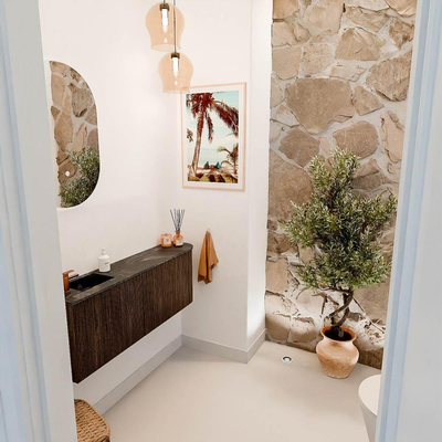 Mondiaz JOYA-DLUX 111.6cm toiletmeubel - ronding rechts kleur Walnut - Wastafel FAYE positie Links 1 kraangat kleur Lava.