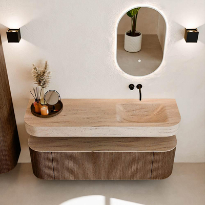 MONDIAZ THOR-DLUX 150cm badmeubel ronding links + rechts kleur Walnut met 1 lade en 2 deuren. Vrijhangende wastafel CLOUD Rechts zonder kraangat kleur Saba.