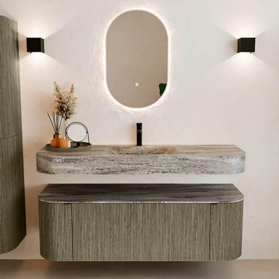 MONDIAZ THOR-DLUX 140cm meuble de salle de bains arrondi gauche + droite couleur Shadow avec 1 tiroir et 2 portes. Vasque suspendue CLOUD Milieu 1 trou de robinet couleur Oza.