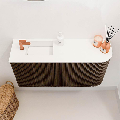 Mondiaz JOYA 81.6cm meuble de salle de bains - arrondi droit couleur Walnut - Vasque FAYE position Gauche 1 trou de robinet couleur Talc.