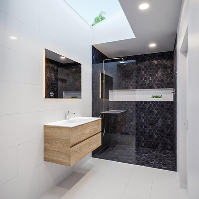 ENSEMBLE DE MEUBLE MONDIAZ VICA - 100cm - 2 tiroirs - lavabo Cloud central - 1 trou de robinet - solid surface chêne blanchi