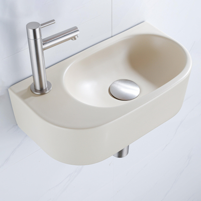 QeramiQ Fuente fonteinset – halfrond – 40x21.5x12 cm – keramiek beige – kraangat links – kraan geborsteld RVS