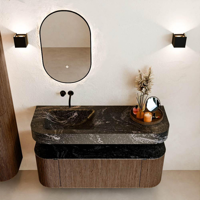 MONDIAZ THOR-DLUX 130cm meuble de salle de bains arrondi gauche + droite couleur Walnut avec 1 tiroir et 2 portes. Vasque suspendue CLOUD Gauche sans trou de robinet couleur Lava.