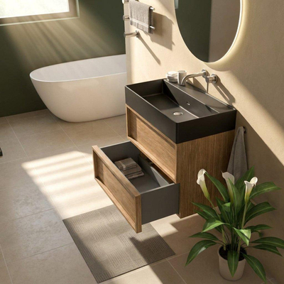Saniclass Holz Frame Ensemble meuble de salle de bains - 80x45x72cm - Legend lavabo en céramique noir mat - 1 vasque - sans trou de robinetterie - 2 tiroirs - chêne natural mat (bois)