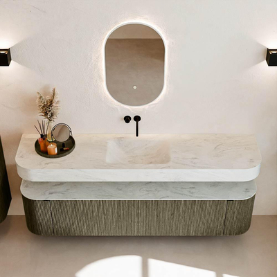 MONDIAZ THOR-DLUX Meuble de salle de bains 190cm arrondi gauche + droite couleur Shadow avec 2 tiroirs et 2 portes. Vasque suspendue CLOUD Centre sans trou de robinet couleur Opalo.