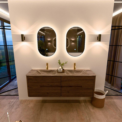 Mondiaz CIRO-DLUX Badkamermeubelset - 150x45x50cm - Solid surface wastafel Sombra - 2 wasbak Dubbel - 2 kraangaten - 4 lades - Dusk