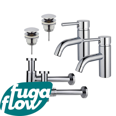 FugaFlow Eccelente Sobrado Kit robinet lavabo - pour double vasque - robinet bas - bonde clic clac - siphon design bas - Chrome brillant