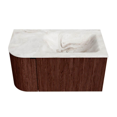 Mondiaz KURVE-DLUX Badkamermeubelset - 85x46x40cm - 1 lade - 1 deur - wastafel solid surface - rechts - 1 kraangat - Ruby