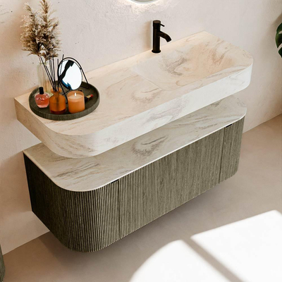 MONDIAZ THOR-DLUX 120cm meuble de salle de bains arrondi gauche + droite couleur Shadow avec 1 tiroir et 2 portes. Vasque suspendue CLOUD Droite 1 trou de robinet couleur Ostra.