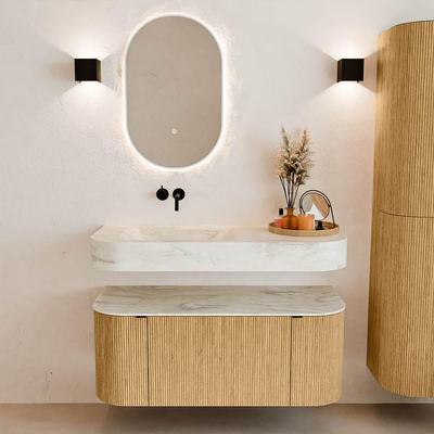 MONDIAZ THOR-DLUX 110cm meuble de salle de bains arrondi gauche + droite couleur Chêne avec 1 tiroir et 2 portes. Vasque suspendue CLOUD Gauche sans trou de robinet couleur Ostra.