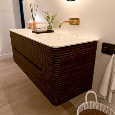 Mondiaz CIRO-DLUX Ensemble de meubles de salle de bains - 130x45x50cm - lavabo Solid surface Opalo - 1 vasque à droite - sans trous de robinet - 4 tiroirs - Noyer