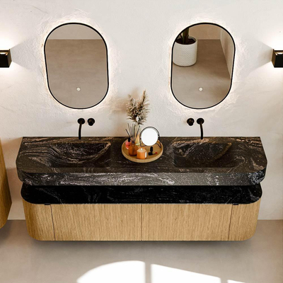 MONDIAZ THOR-DLUX Meuble de salle de bains - 190cm - arrondi gauche + droite - couleur Oak - 2 tiroirs et 2 portes - Vasque suspendue CLOUD Double sans trou de robinet - couleur Lava