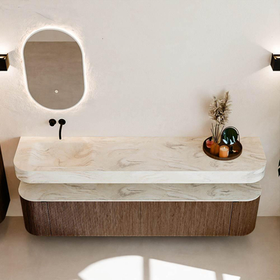 MONDIAZ THOR-DLUX Meuble de salle de bains - 200cm - arrondi gauche + droite - couleur Walnut - 2 tiroirs et 2 portes - Vasque suspendue CLOUD Gauche sans trou de robinet - couleur Ostra