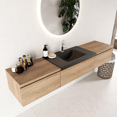 MONDIAZ BUKLA meuble de salle de bains 200 cm avec module 60 couleur Washed Oak avec 3 tiroirs. Lavabo CLOUD central 1 trou de robinet couleur Urban.