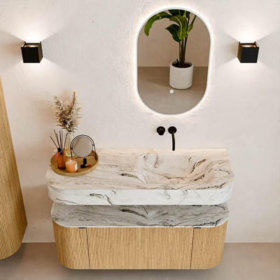 MONDIAZ THOR-DLUX 120cm badmeubel ronding links + rechts kleur Oak met 1 lade en 2 deuren. Vrijhangende wastafel CLOUD Rechts zonder kraangat kleur Glace.