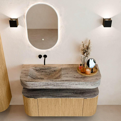 MONDIAZ THOR-DLUX 120cm badmeubel ronding links + rechts kleur Oak met 1 lade en 2 deuren. Vrijhangende wastafel CLOUD Links zonder kraangat kleur Oza.